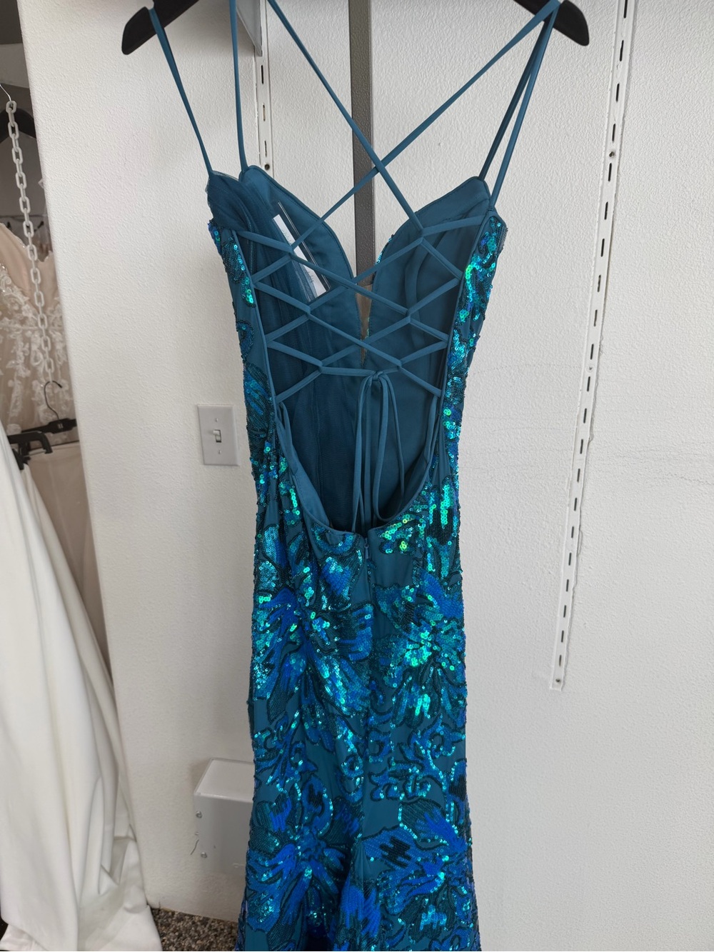Blue Sequin Mermaid Prom Dress with Spaghetti Straps - Picture 6 of 6